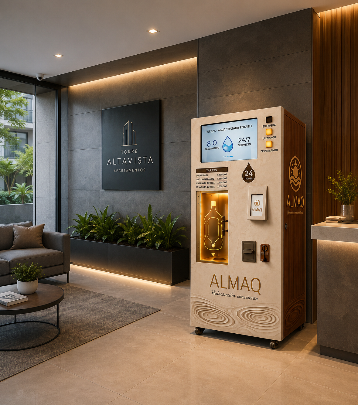 Máquina expendedora de agua purificada ALMAQ instalada en el lobby de una copropiedad en Colombia